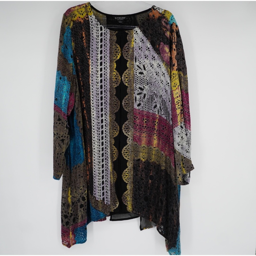 Citron Santa Monica Silk Blend Burnout Lace Patchwork Open Kimono Cardigan